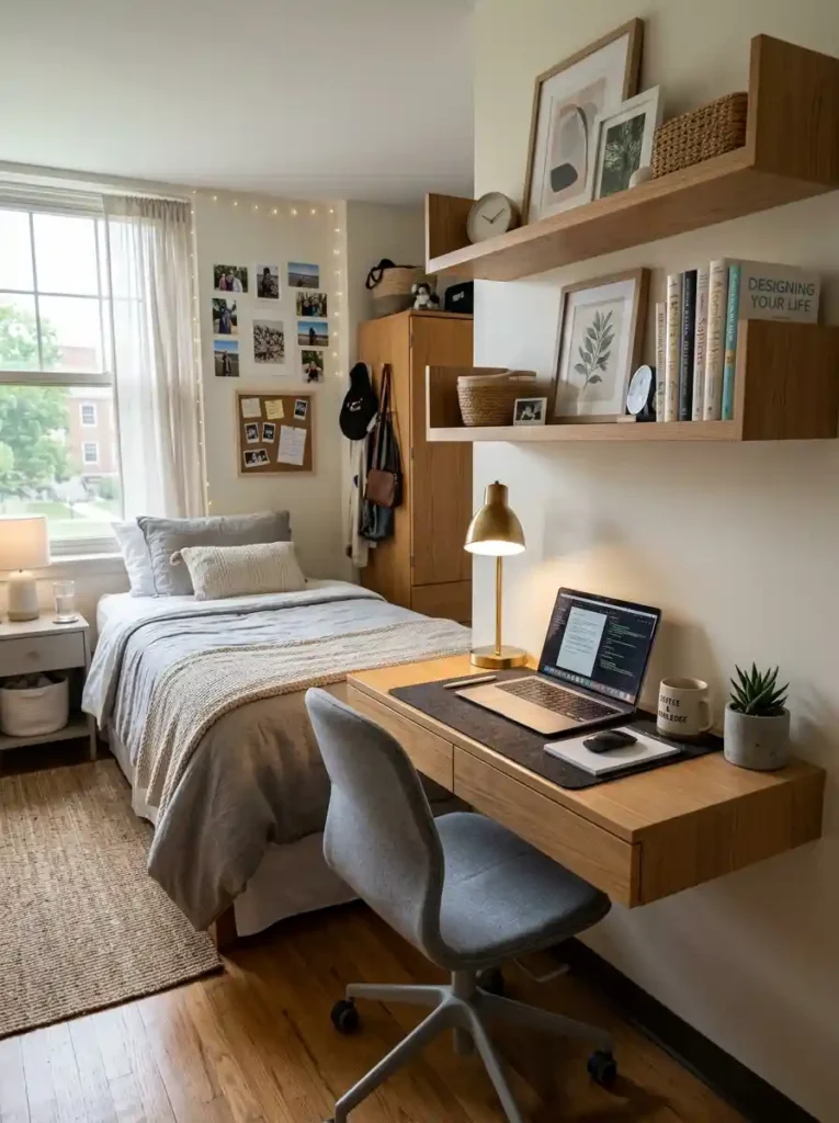 2. Choose a Floating Desk Instead of a Bulky Table-Tiny Dorm Room Ideas