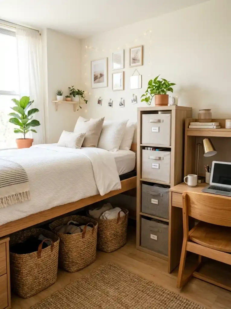 4. Hide Clutter with Matching Storage Baskets