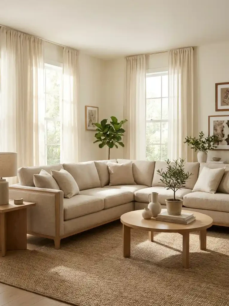 13. Beige Corner Sofa With Wooden Accents