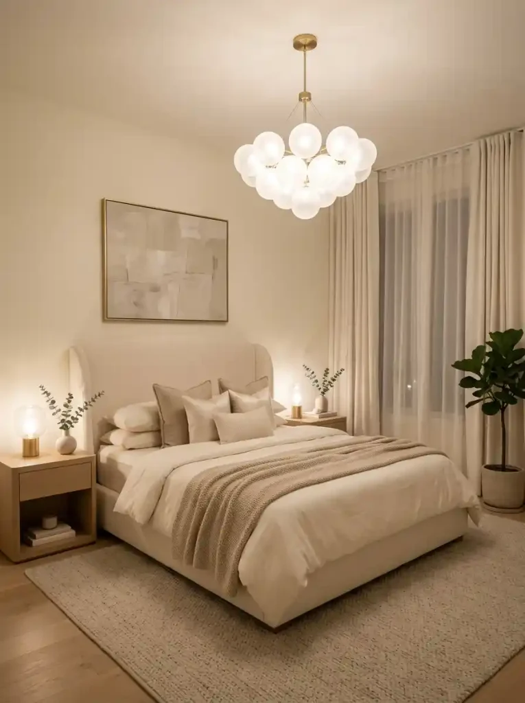 21. Elegant Dreamy Bedroom With Statement Lighting