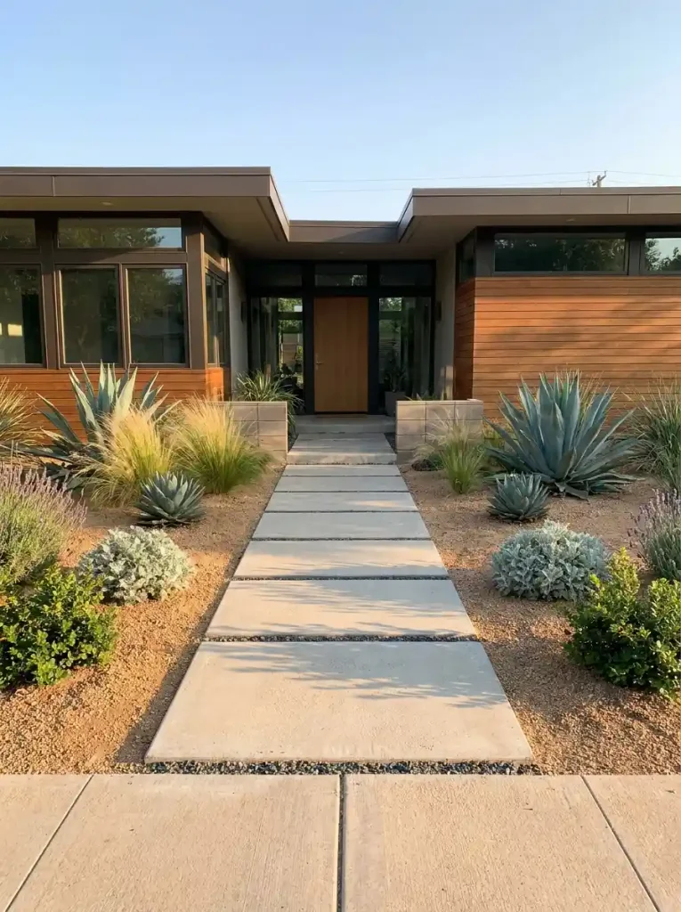 1. Geometric Concrete Pathway-Mid-Century Modern Landscaping Ideas