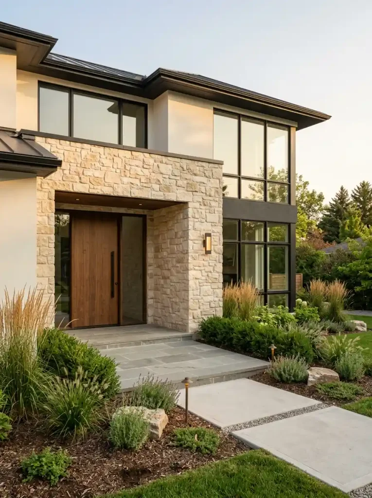 1. Warm Modern-House Front Design Ideas With Natural Stone