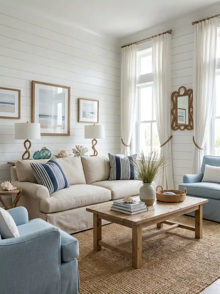 10. Nautical Living Room With Shiplap Walls