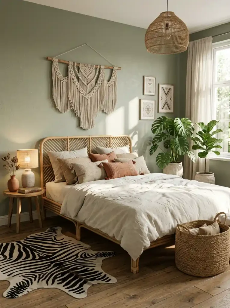 11. Boho Safari Bedroom with Green Walls