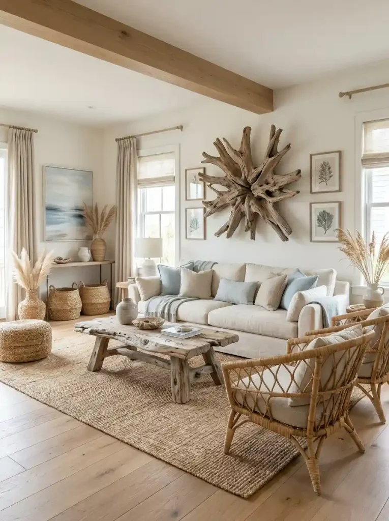12. Nautical Living Room With Driftwood Decor