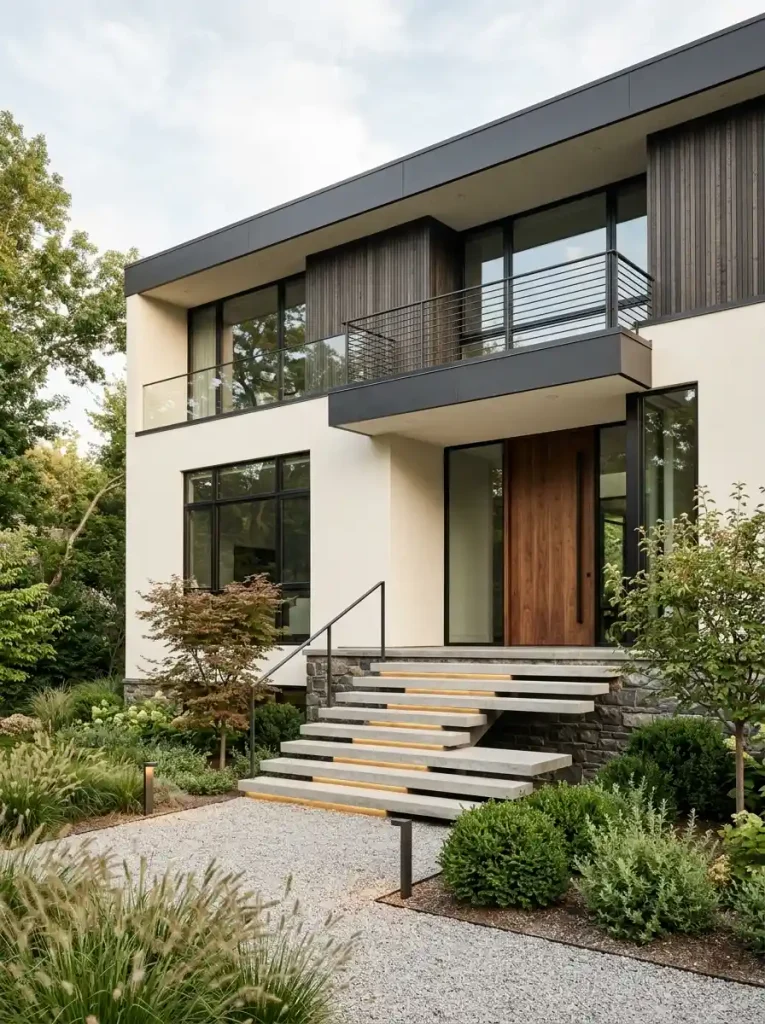 15. Modern House Front With a Floating Staircase Entry