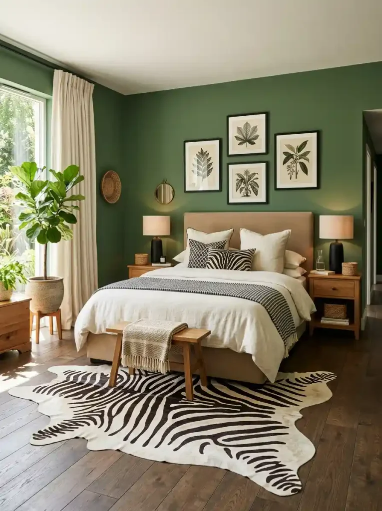 16. Green Bedroom with Black-and-White Safari Accents
