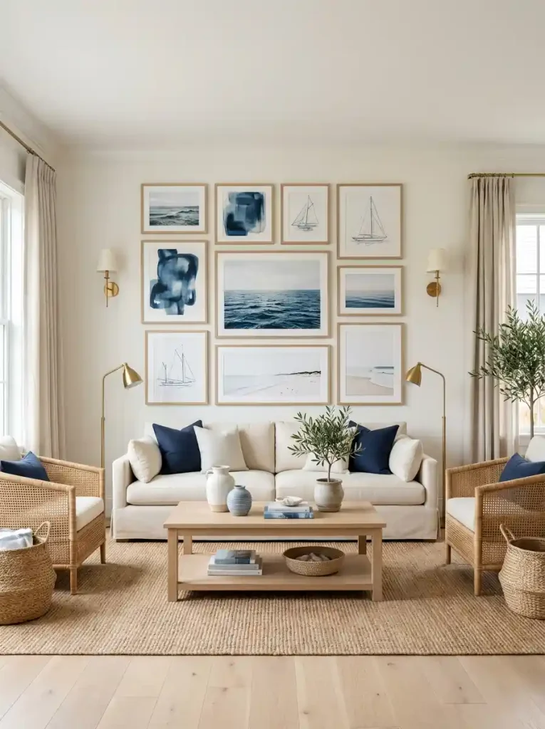 16. Nautical Living Room With Coastal Gallery Wall