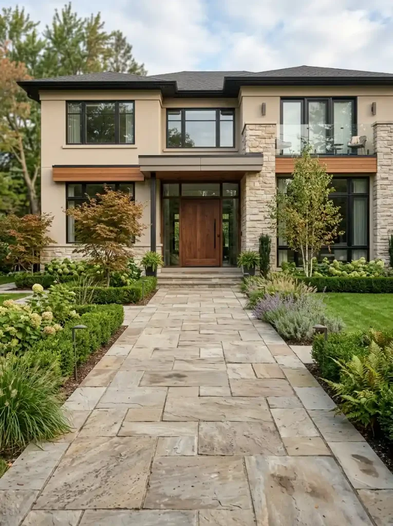 17. House Front With a Wide Paved Walkway