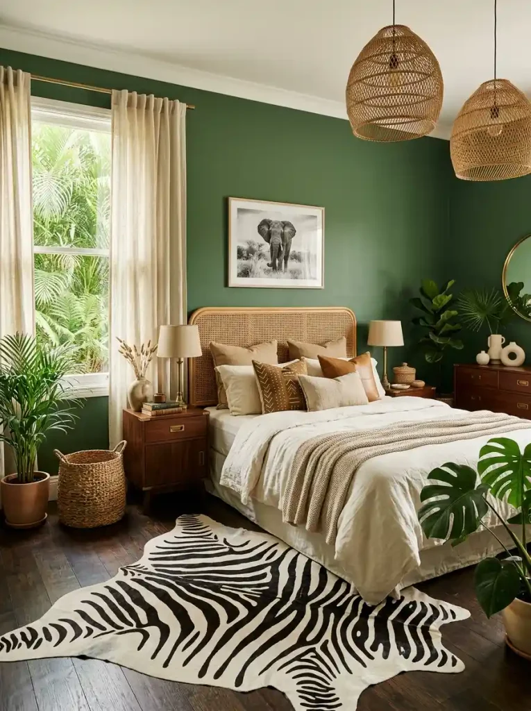 17. Tropical Safari Bedroom with Layered Textures