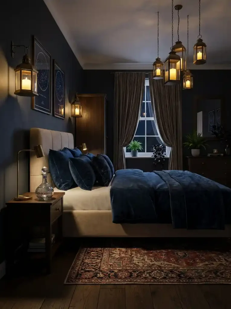 18. Dark Whimsical Bedroom with Glowing Lanterns