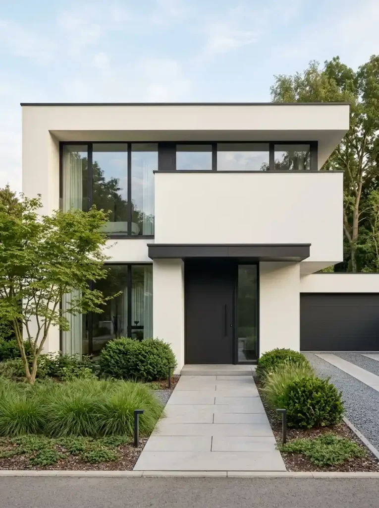 2. Minimalist White House Front With Dark Frames