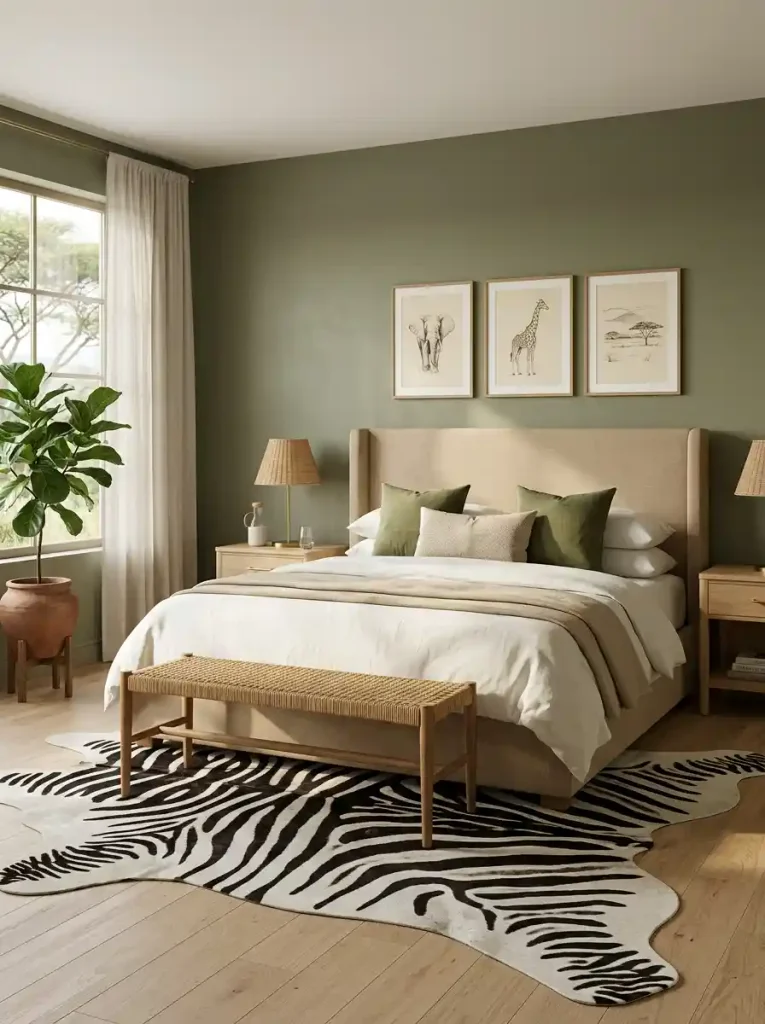 2. Olive Green Bedroom with Zebra Rug