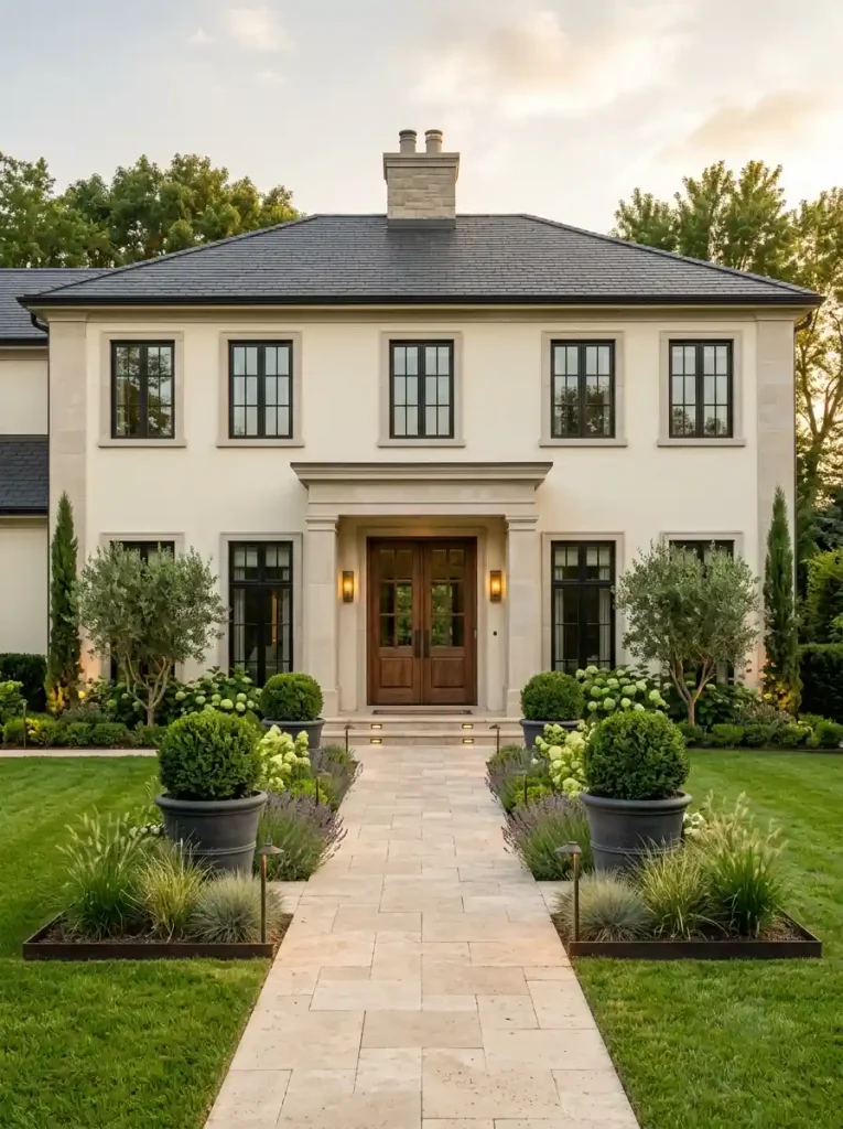 20. Elegant House Front With Symmetrical Landscaping