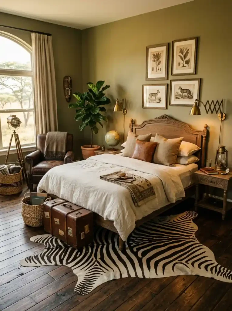 20. Warm Green Safari Bedroom with Vintage Details