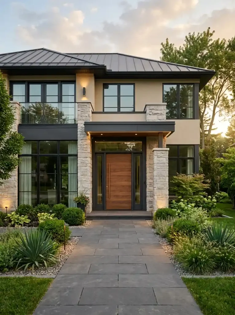3. House Front Design Ideas With a Statement Wooden Door