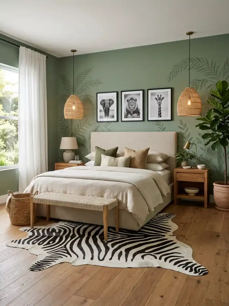 3. Modern Safari Bedroom with Botanical Green Walls