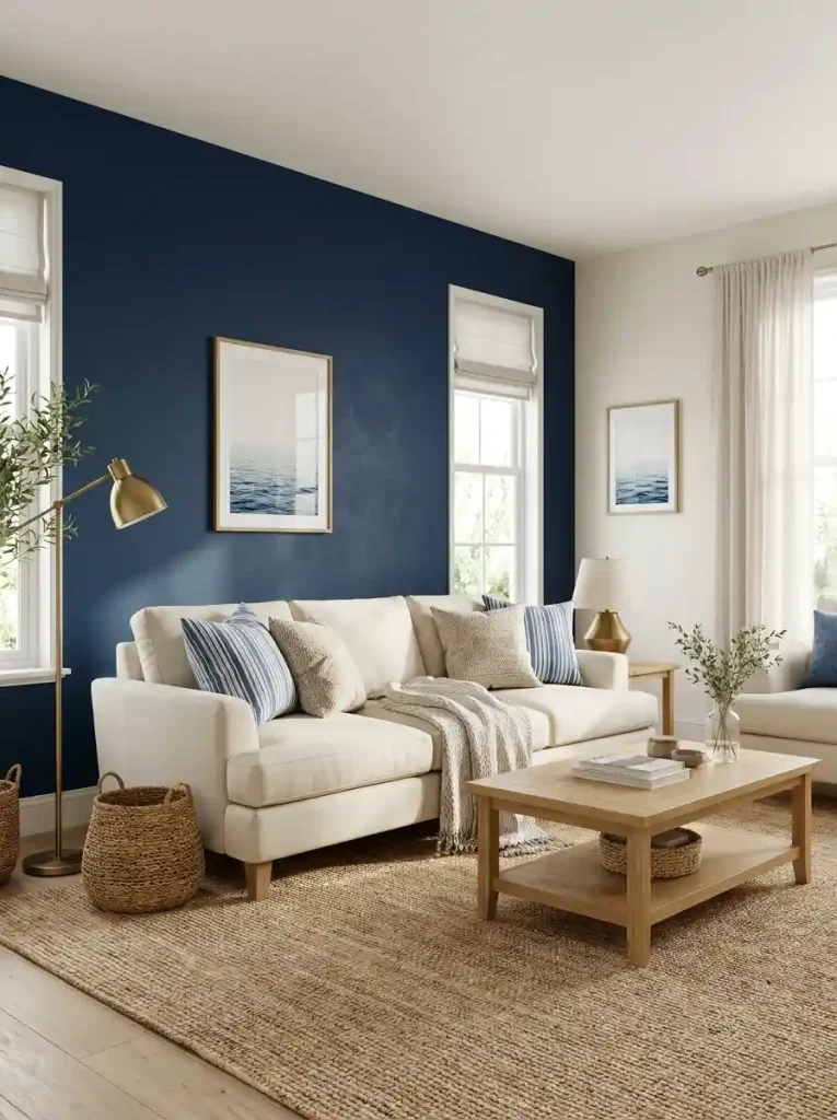 3. Nautical Living Room Makeovers With a Navy Accent Wall