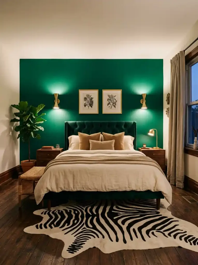 5. Emerald Green Accent Wall Bedroom