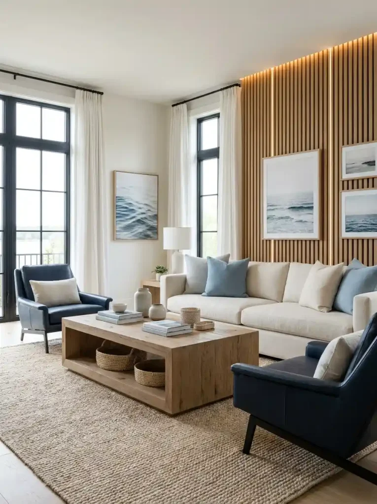 5. Modern Nautical Living Room With Wood Accents