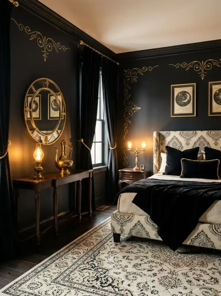7. Black and Gold Dark Whimsical Bedroom Ideas