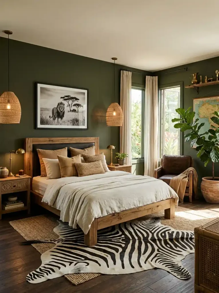 7. Dark Green and Natural Wood Bedroom