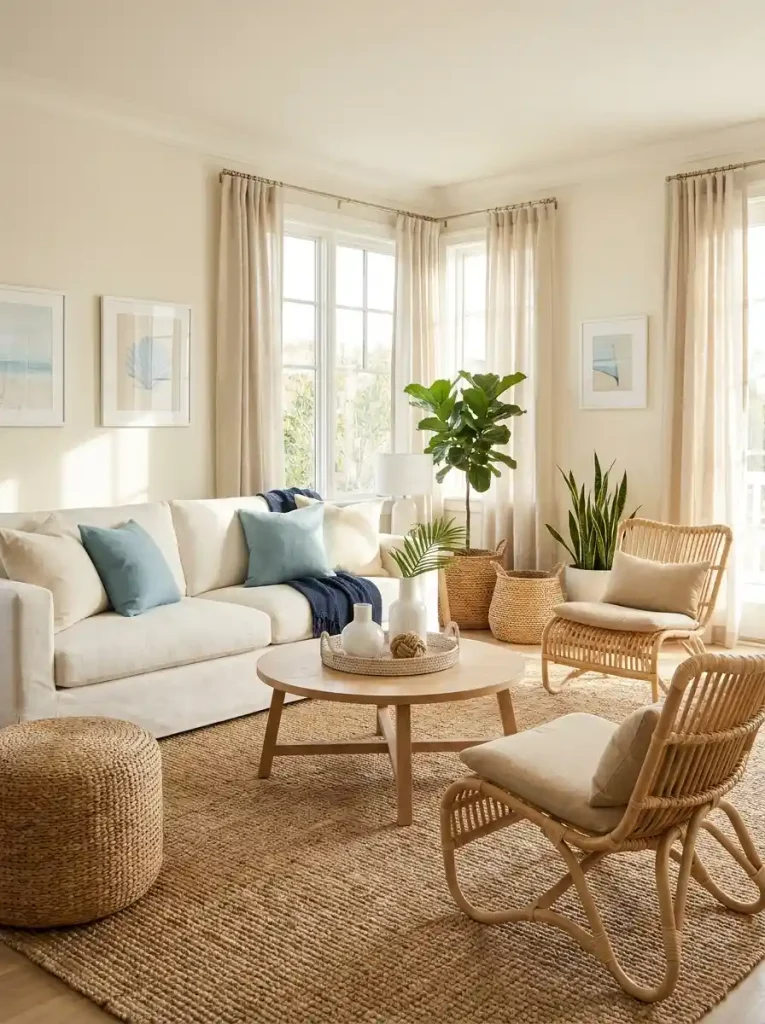 7. Nautical Living Room With Rattan Furniture