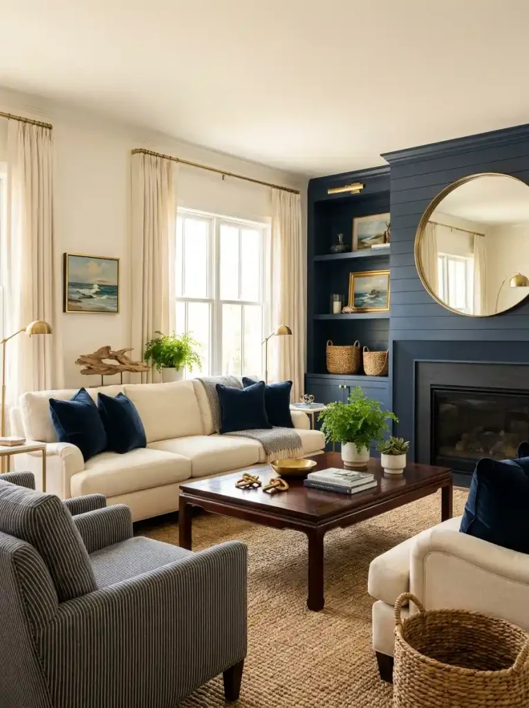 8. Elegant Nautical Living Room With Brass Details