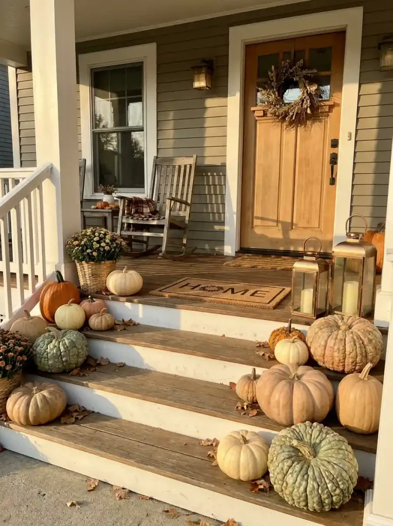 1. Classic Pumpkin-Lined Porch Steps-Fall Front Porch 2026 Ideas