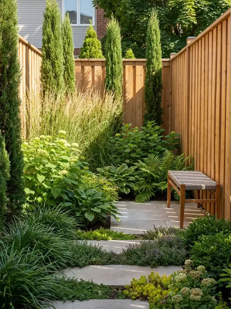1. Layered Planting Along the Boundary-Small Backyard Landscaping Ideas