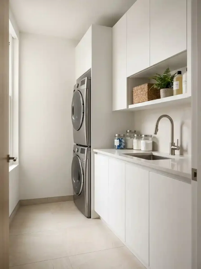 1. Minimalist-Apartment Laundry Room IdeasWith White Cabinets