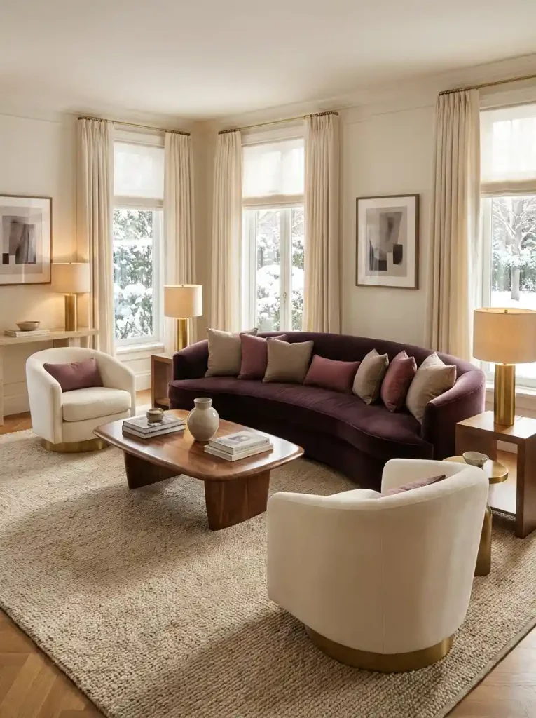 1. Plum Living Room Ideas- Velvet Sofa With Warm Neutral Accents