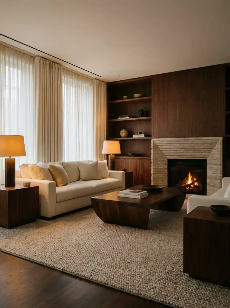 1.Dark Wood Living Room Ideas With Creamy Neutrals